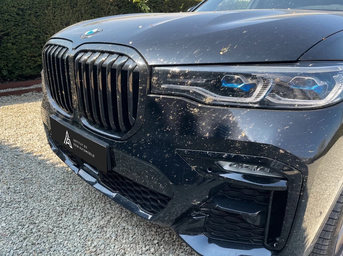 Calandre et capot d'une BMW X7 couverts de pollen et de fientes avant lavage