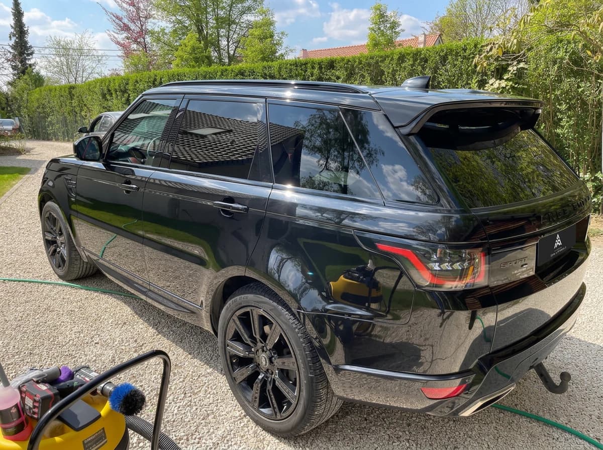 Range Rover Sport noir en cours de lavage, vu de trois quarts arrière, nettoyeur haute pression et tuyau au premier plan