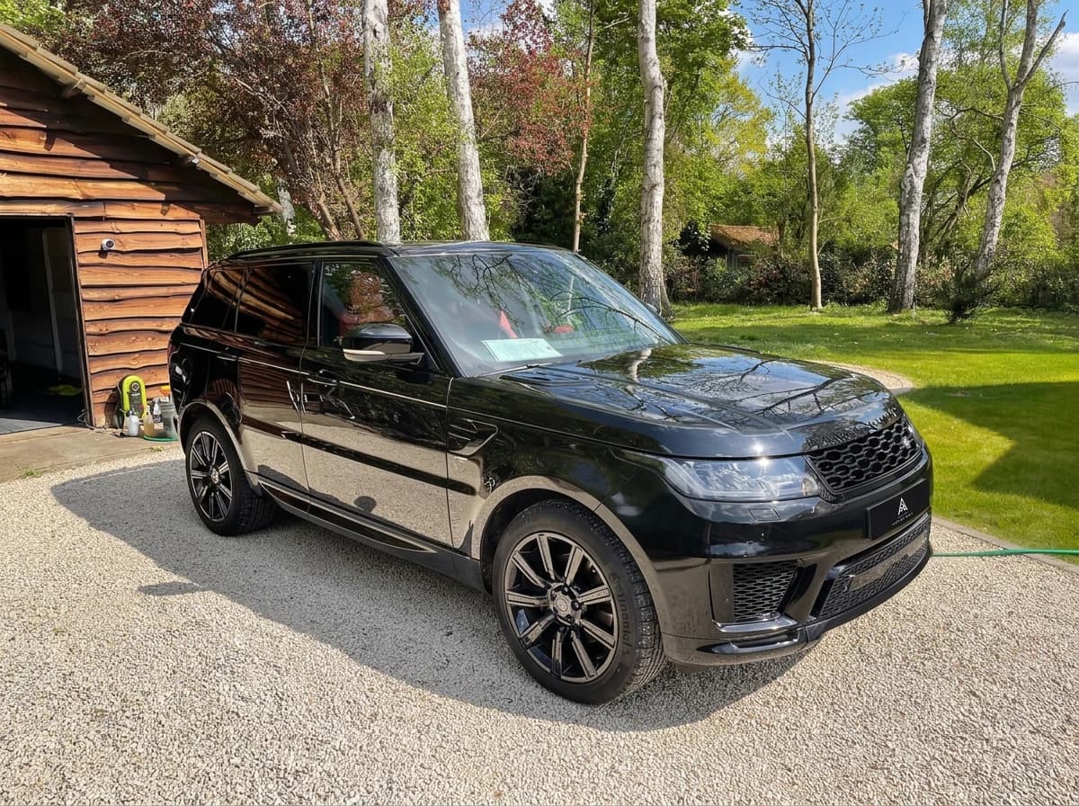 Range Rover Sport noir de trois quarts avant devant une grange en bois, pelouse au premier plan