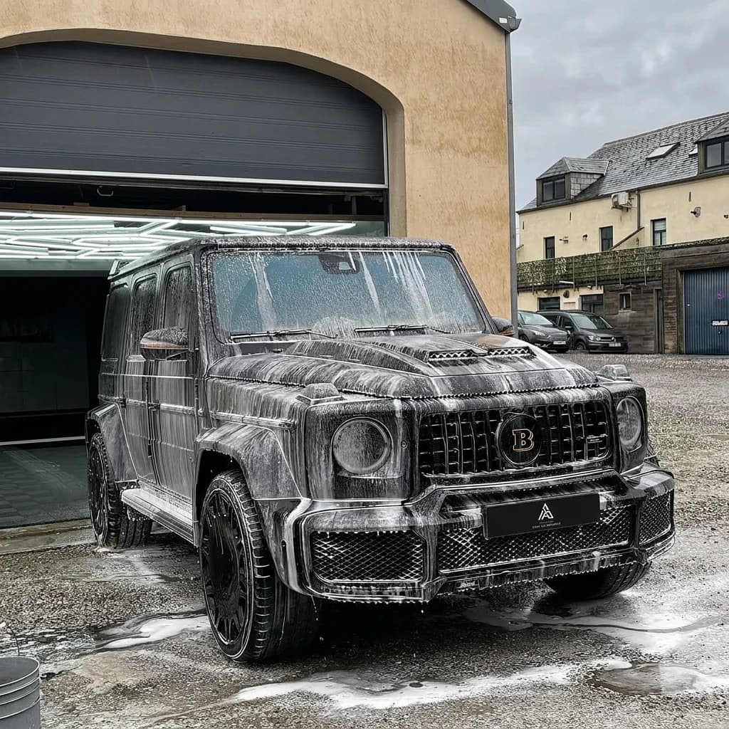 Mercedes Classe G Brabus widebody couvert de mousse active devant le garage, vu de trois quarts avant